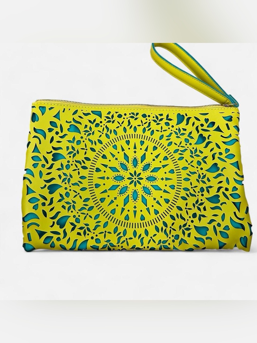 Greenish Yellow and Teal Laser-Cut Wristlet Clutch